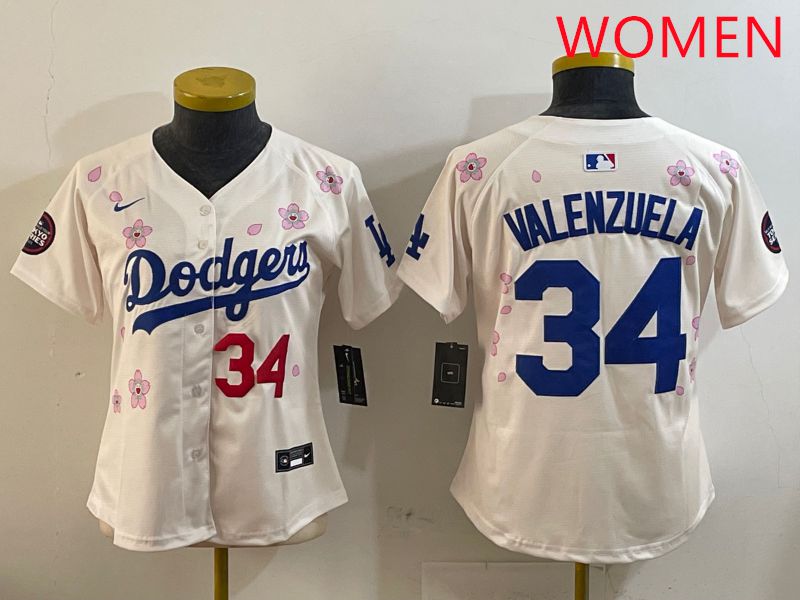 Women Los Angeles Dodgers #34 Valenzuela Cream Sakura Edition 2025 Nike MLB Jersey style 6
